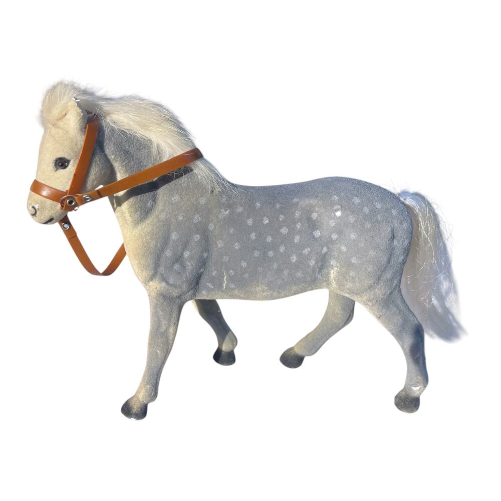 Vintage Flocked Gray Horse Pony Toy Feather Mane Tail w/ Bridle